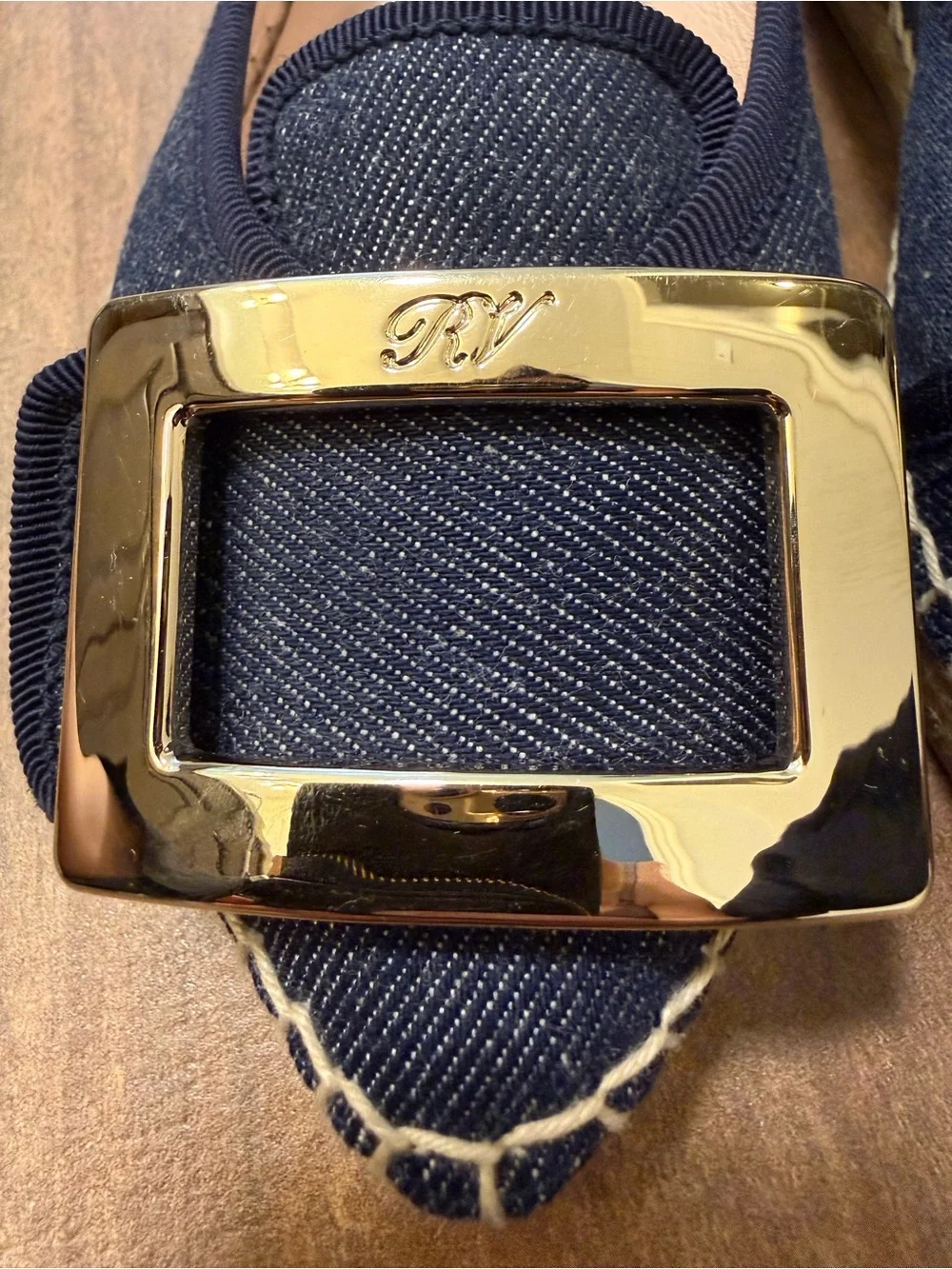 Roger Vivier Denim Espadrille Flat Dark Blue Gold Buckle 34 4 Flatform Shoes